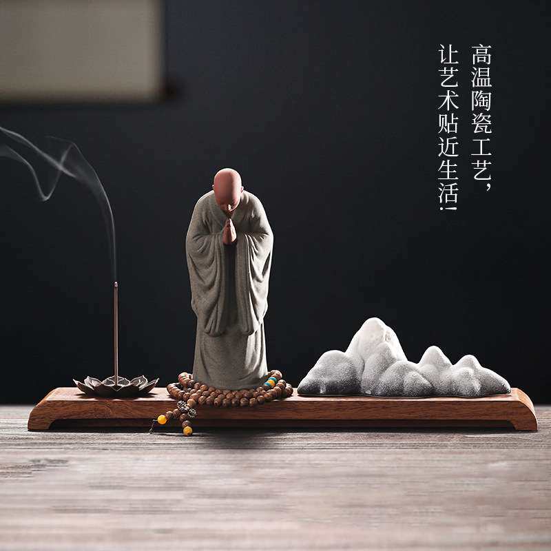 紫砂禅意小和尚佛系摆件陶瓷人物家居摆件桌面装饰可雕刻logo