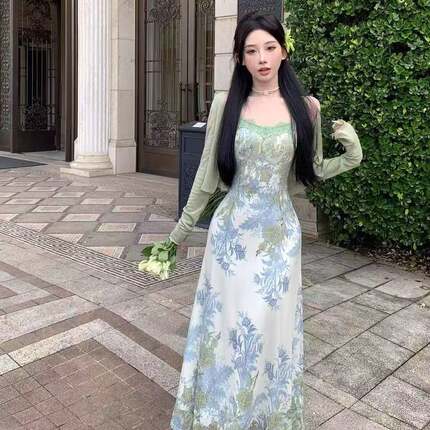 纯欲风蕾丝拼接印花吊带连衣裙女夏法式气质度假长裙开衫两件套