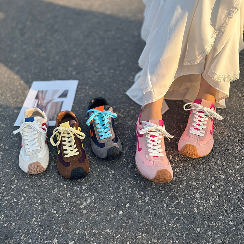 2025新款丑萌休闲运动女鞋德训鞋女厚底阿甘鞋子真皮磨砂牛皮鞋