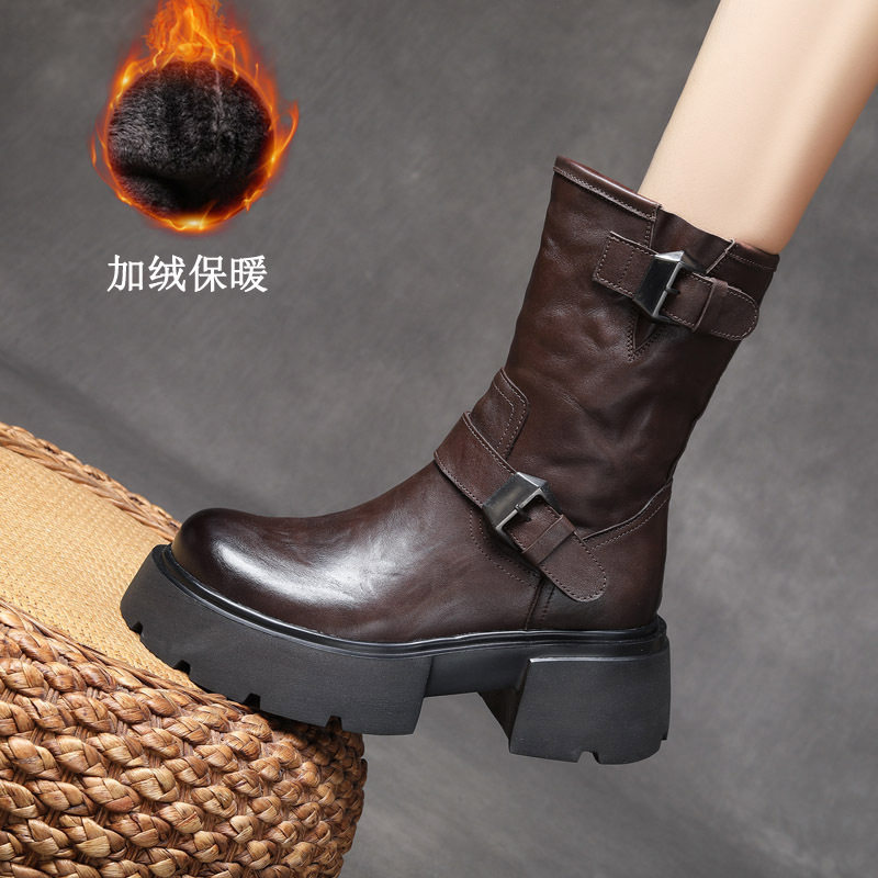 秋冬款头层牛皮棉靴女靴加绒保暖马丁靴搭扣中筒靴百搭增高