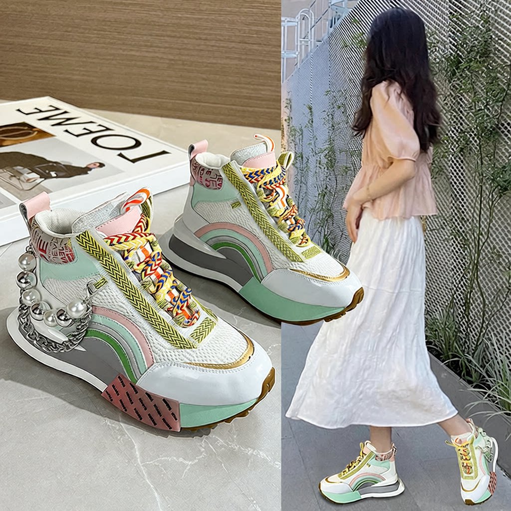 厚底ins潮百搭小众时尚珍珠老爹鞋彩虹高帮爆款真皮运动休闲鞋