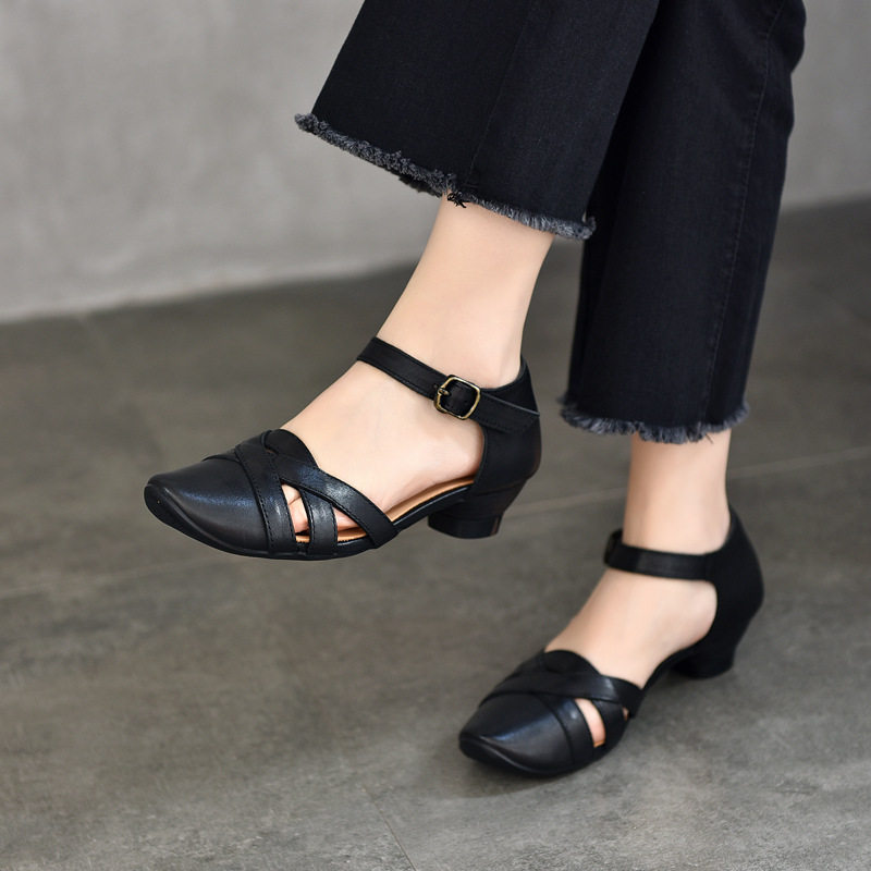 【活动价119】头层牛皮包头镂空凉鞋中跟 凉鞋女圆头中空鞋