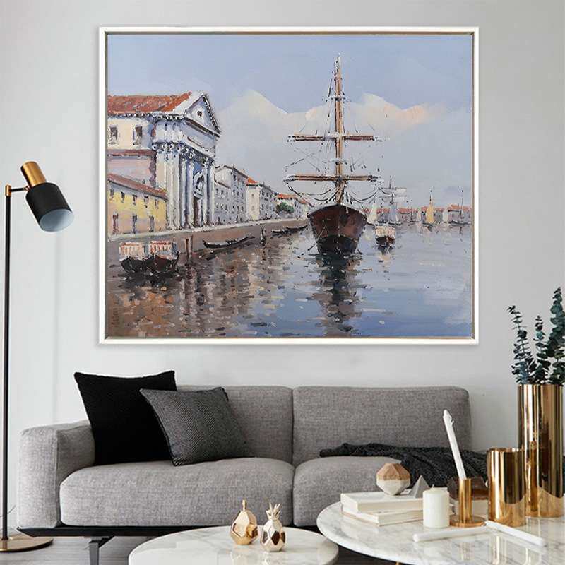 油画现货地中海纯手绘装饰画带框酒店海景风景帆船挂画厂家直销