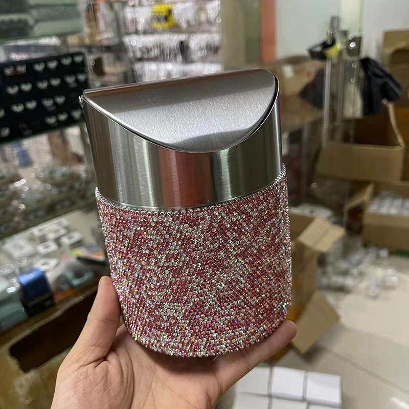 创意镶钻不锈钢桌面垃圾桶 家用卧室办公车载时尚迷你带盖收纳桶