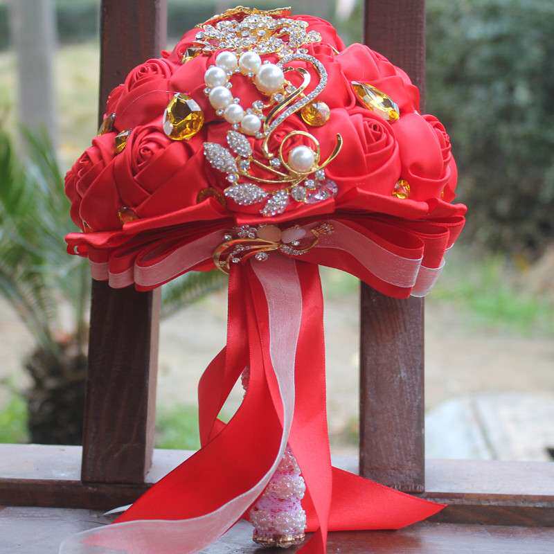 金钻手捧花新品韩版浪漫新娘手捧花束红婚庆花束金水钻花现货W227