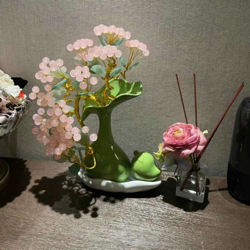欧式梦幻粉水晶树发财树 粉色玉髓玉果居家饰品盆景 风水摆件