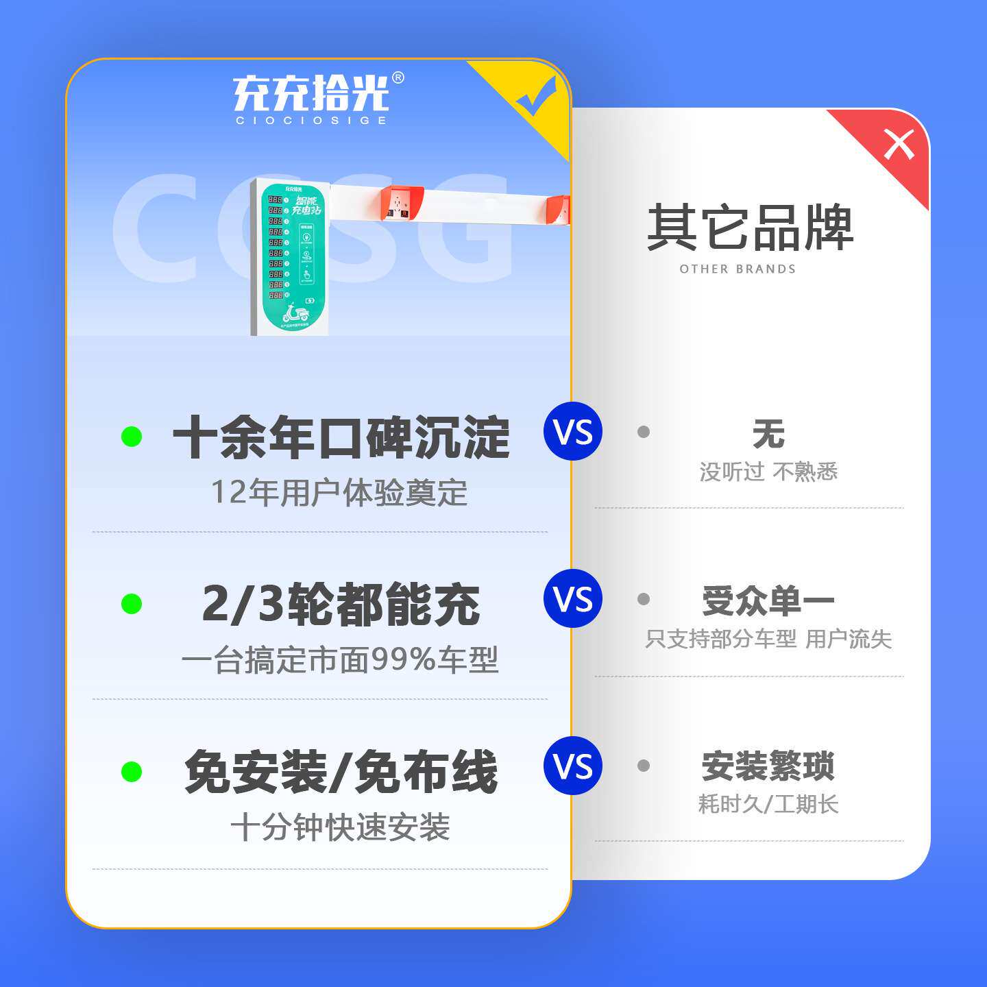 充充拾光10路防雨水扫码刷卡户外电动自行车充电桩带立柱免布线