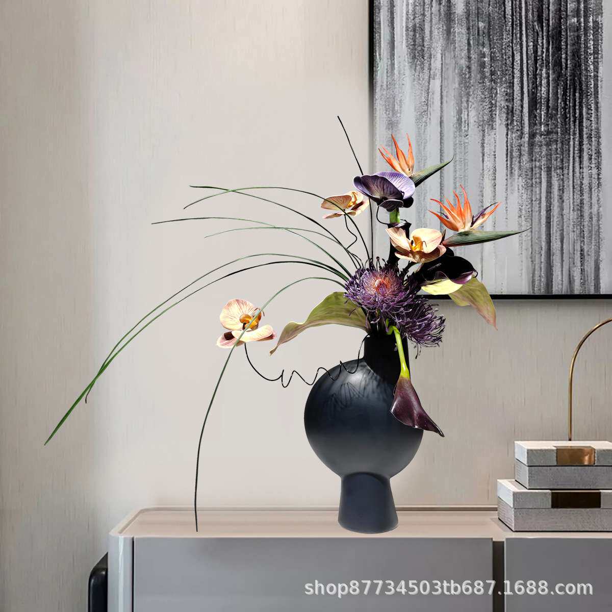 样板房现代陶瓷花器电视柜装饰假花客厅洽谈桌面仿真花艺摆件花卉