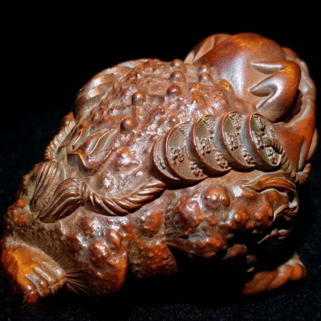 旧藏黄杨木雕三足金蟾文玩复古手把件实木工艺品居家装饰汽车挂件