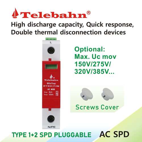 Telebahn 1-Pole 150V/275V/320V/385V AC T1+T2 8kA 浪涌保护器