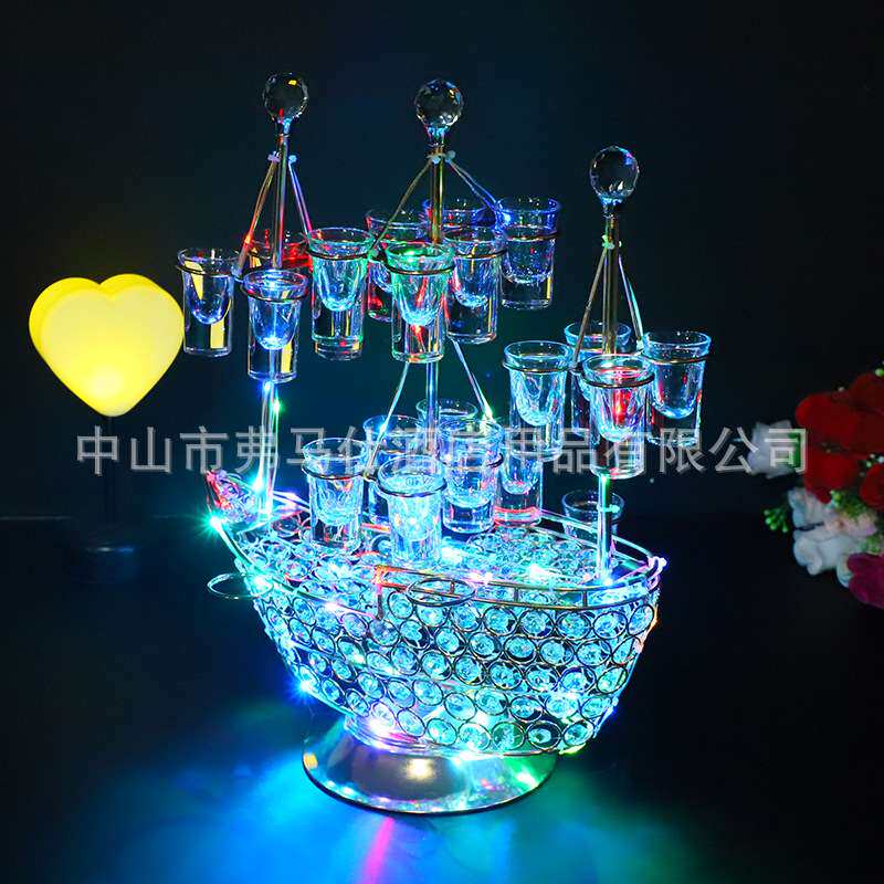新款帆船酒架创意LED发光酒吧KTV香槟酒架七彩鸡尾酒架子酒吧杯架