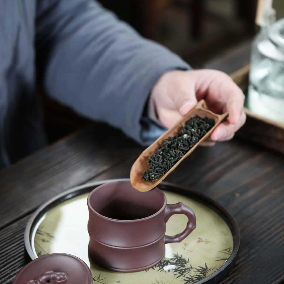 主人杯竹节杯紫砂杯竹叶全手工竹段茶具泡茶杯纯手工墨绿竹韵刻字