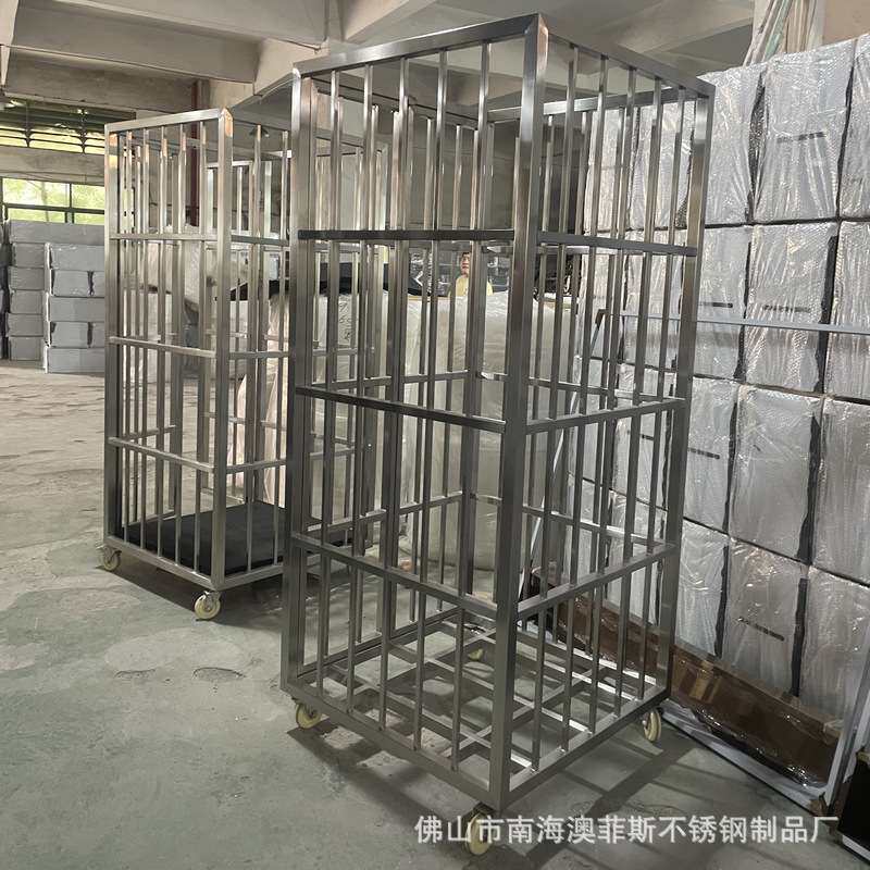 厂家定 制不锈钢货物运输车全封闭不锈钢仓库仓储笼手推车笼