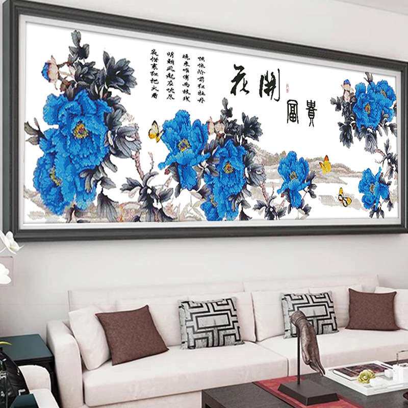 亚马逊新款十字绣客厅大幅牡丹挂画花开富贵蓝牡丹诗文版材料代发