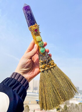 天然水晶六角柱扫把摆件水晶滚石月亮wiccSan北欧扫帚道具