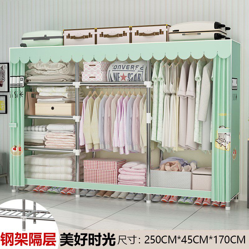 2I简易布衣柜钢架加粗加固家用窗帘式大容M量组装收纳衣橱柜子金