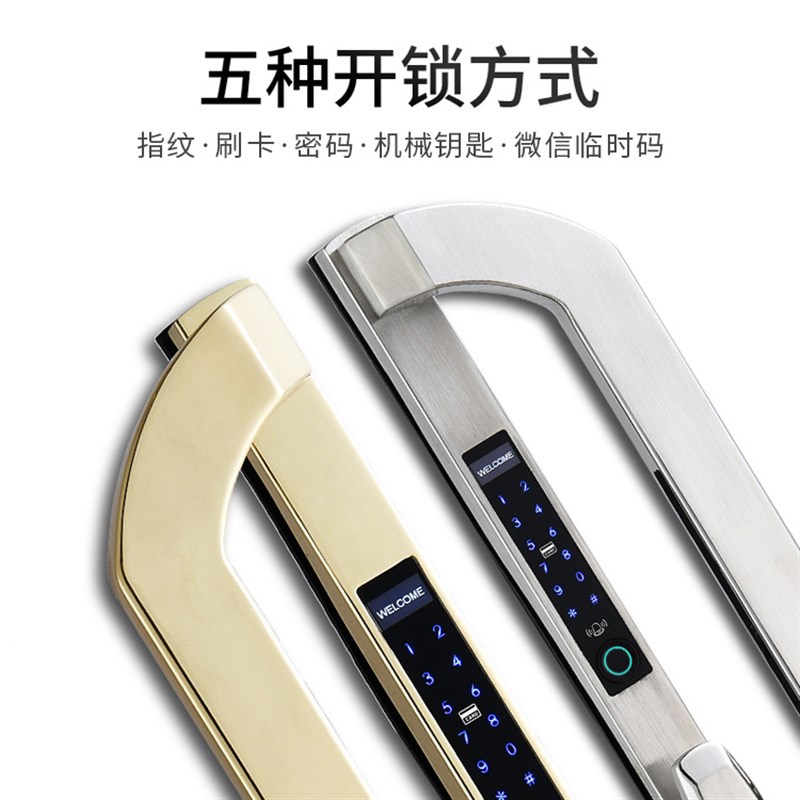 断桥铝指纹密码锁铝合q金玻璃门大拉手推拉平移门智能电子户外防