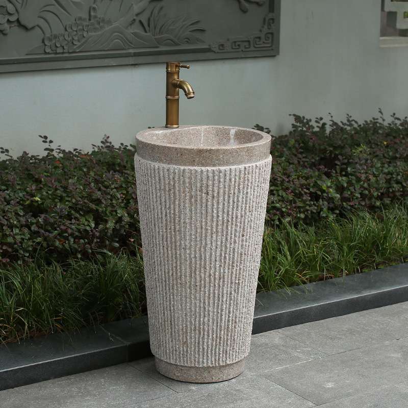 大理石洗手台盆一体落地式立柱盆户外石头水槽庭院子水池室外圆形