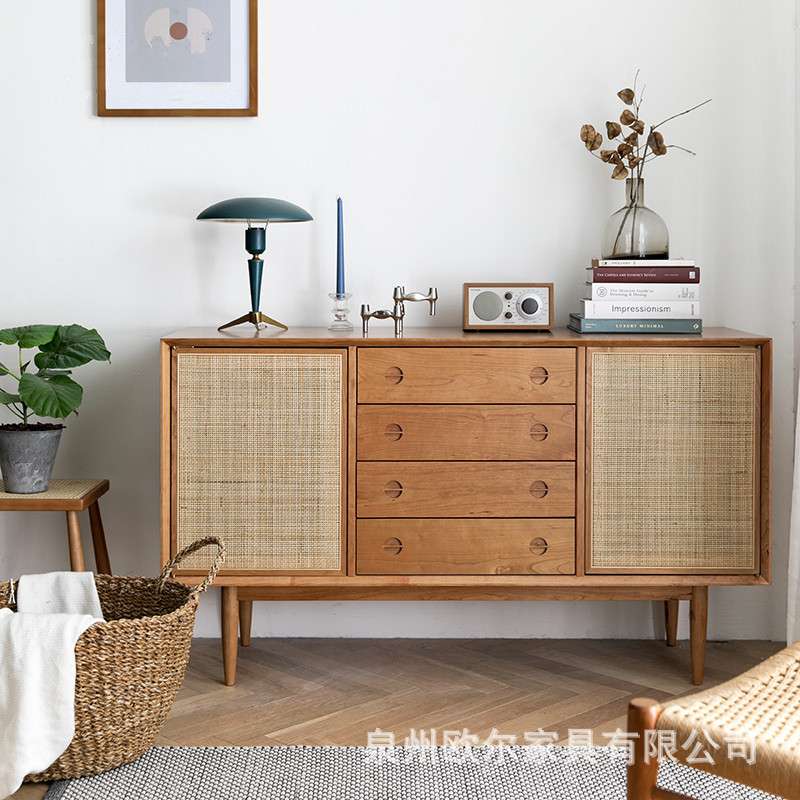 北欧实木餐边柜简约餐厅备餐收纳碗柜家用厨房藤编玄关柜茶水柜