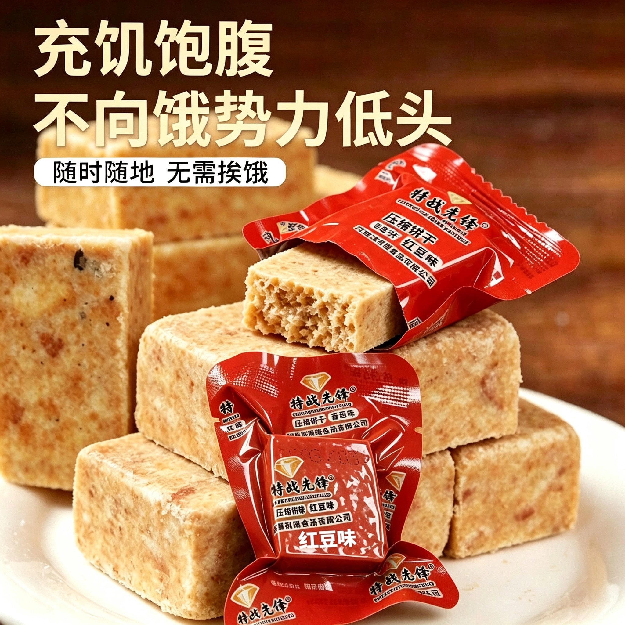 红豆味压缩饼干高能量代餐饱腹户外应急耐吃学生早餐充饥零食