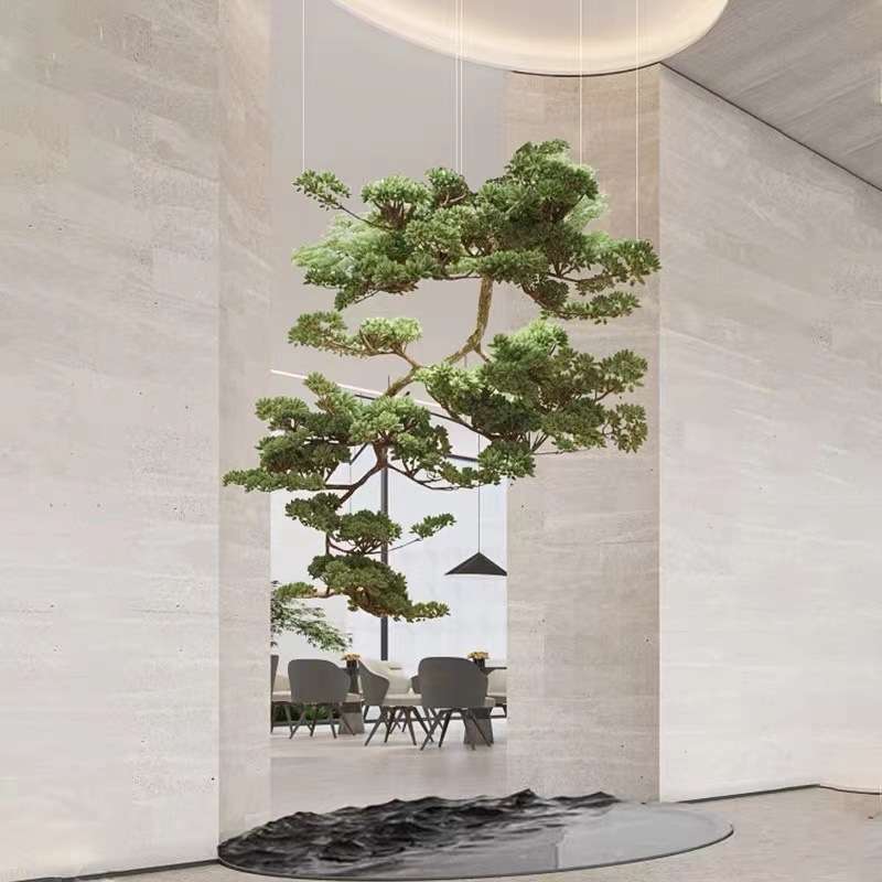 悬挂仿真迎客松大型吊挂松树壁挂松树枝玄关造景酒店展厅顶部装饰
