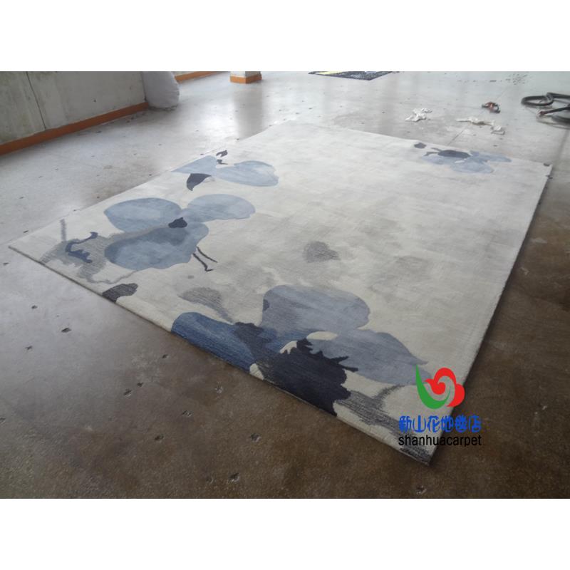新中式抽象水墨画花朵手工腈纶客厅茶几地毯书房卧室办公室接待室