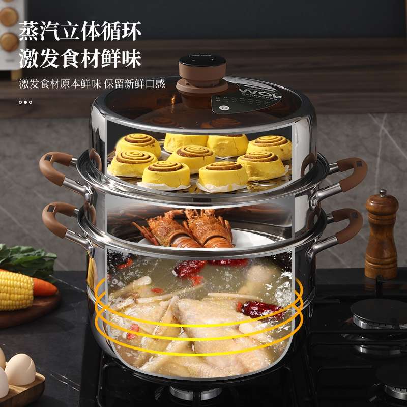 不锈钢蒸锅304家用智能全自动定时多层蒸煮笼蒸馍蒸鱼炉具通