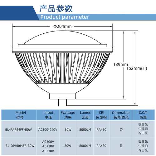 直销PAR64舞台灯80W替代卤素灯1000W可控规调光无频闪GX16D大堂灯