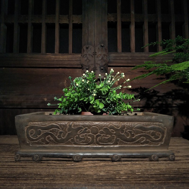 仿古石雕b山西青石二龙戏珠石盆鱼盆花盆中式复古陈设摆件