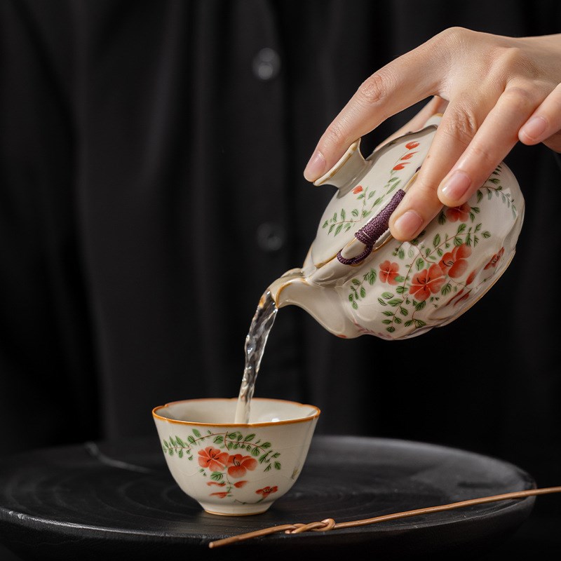 汝窑大红花旅行茶具套装便捷式手抓F壶一壶三杯户外露营茶具丁制
