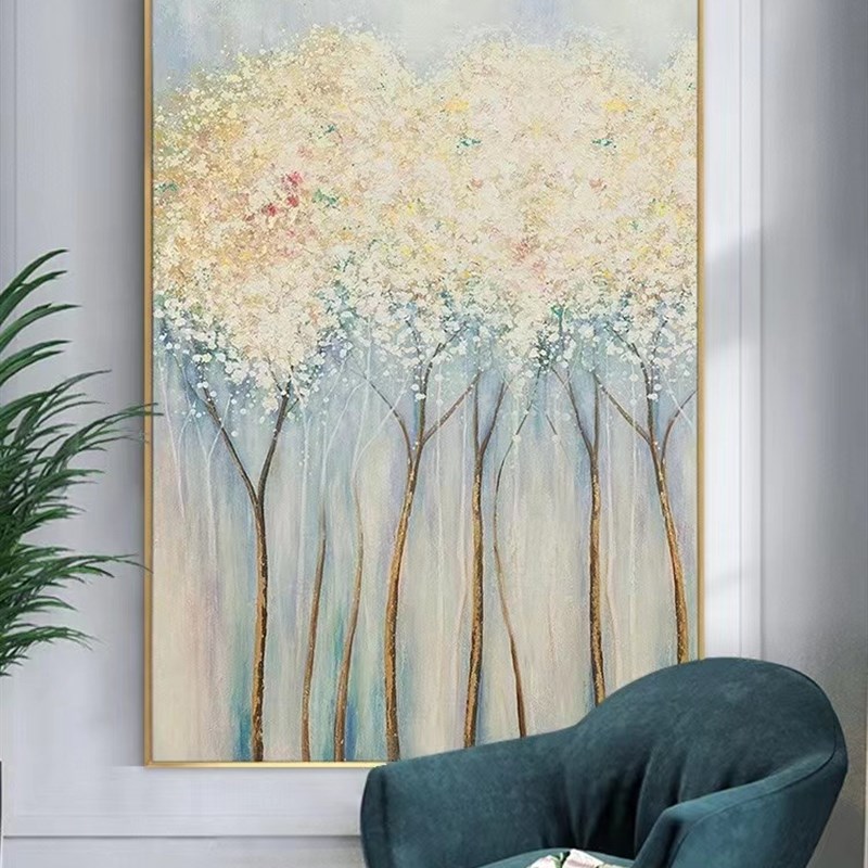 纯手绘油画客厅h墙玄关发财树蒲公英装饰画立体肌理大尺寸高档挂