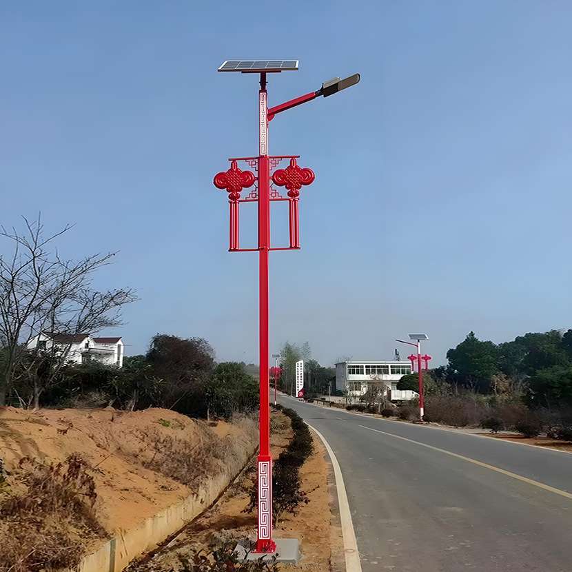 户外6米农村太阳能路灯LED厂家厂区市政特色中国红色太阳能路灯