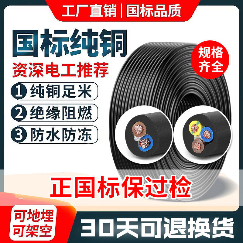 RVV国标电线足方纯铜软电缆线双芯三相户外防冻防晒防老化电源线