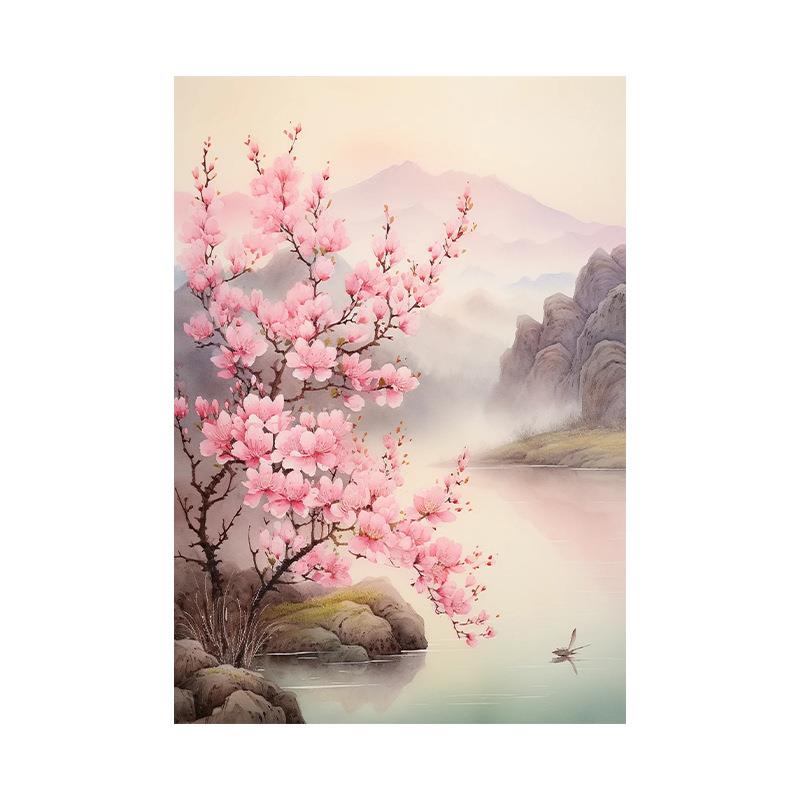 客厅油画花卉风景新中式挂画玄关轻奢装饰画桃花山水入户唯美餐厅