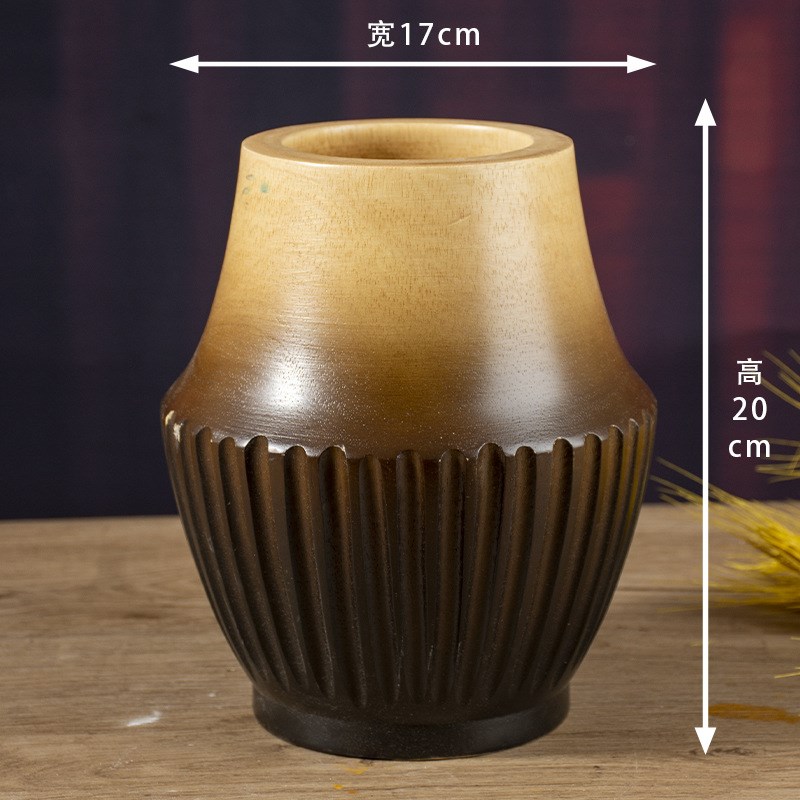整木雕刻条纹实木花瓶花器摆件客厅餐桌装饰手W工木质工艺品