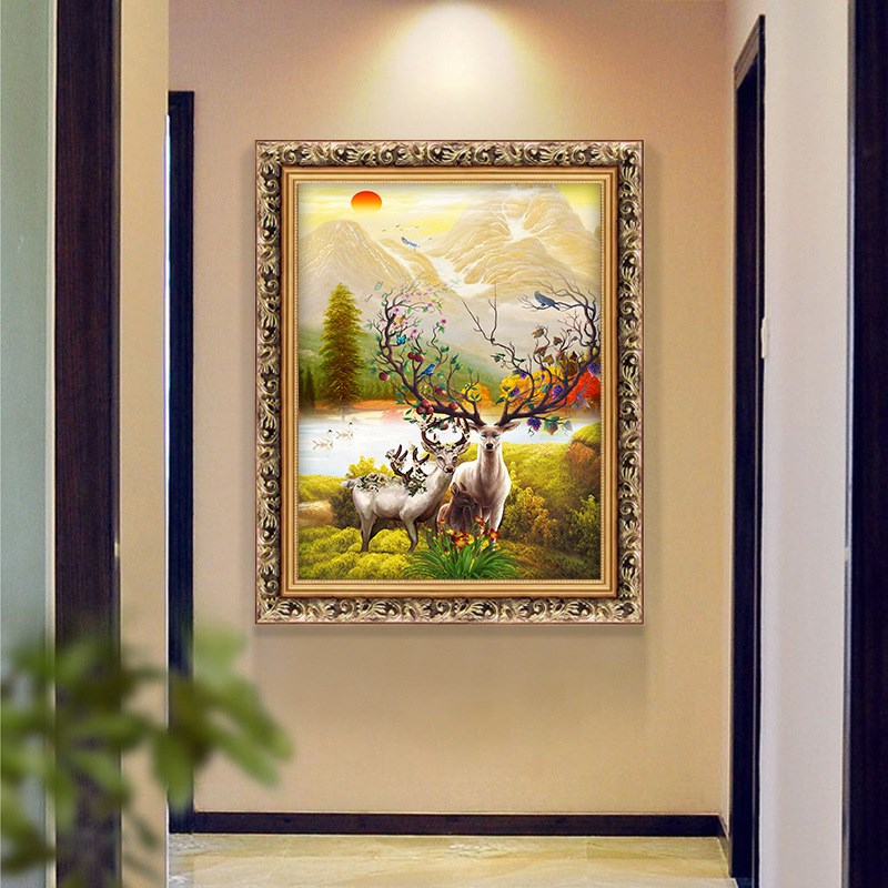 麋鹿欧式客厅装饰画卧室书t房走廊玄关过道有框挂画动物油画餐厅