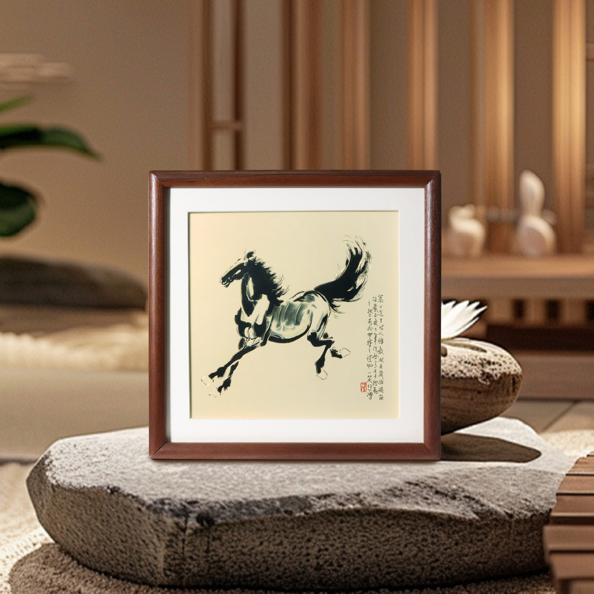 木框奔画铜雕画马到成功客厅玄关办公室收藏送礼桌面摆件装饰画