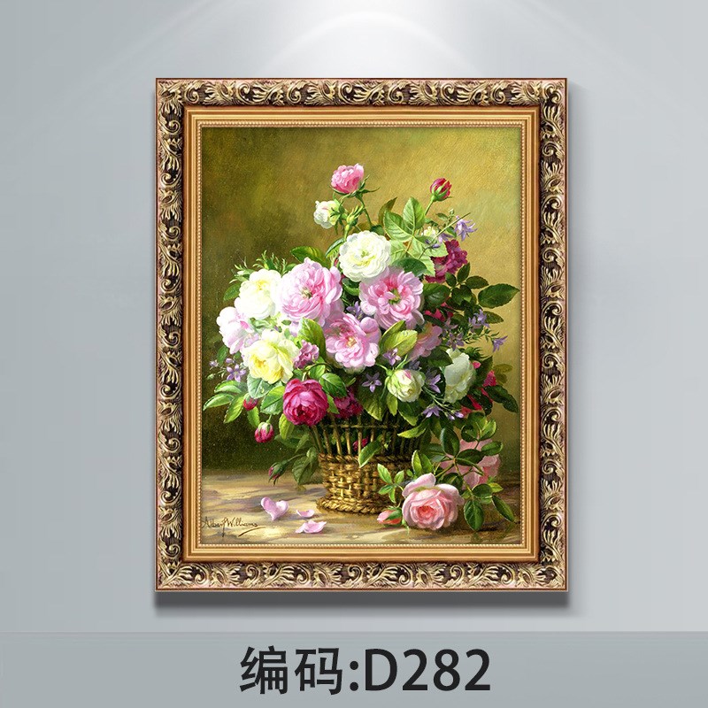 欧式牡丹油画客厅装饰画古典花卉餐厅玄L关挂画壁画有框竖版墙画