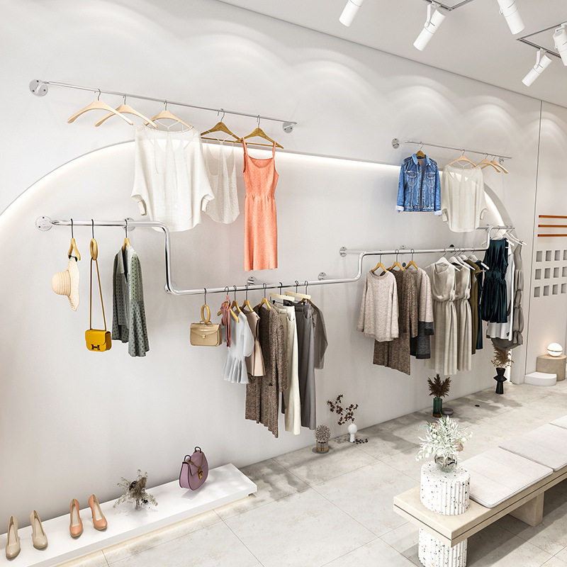 服装店异形展示架上墙服装架不锈钢挂衣杆陈列架网红女装店货架子