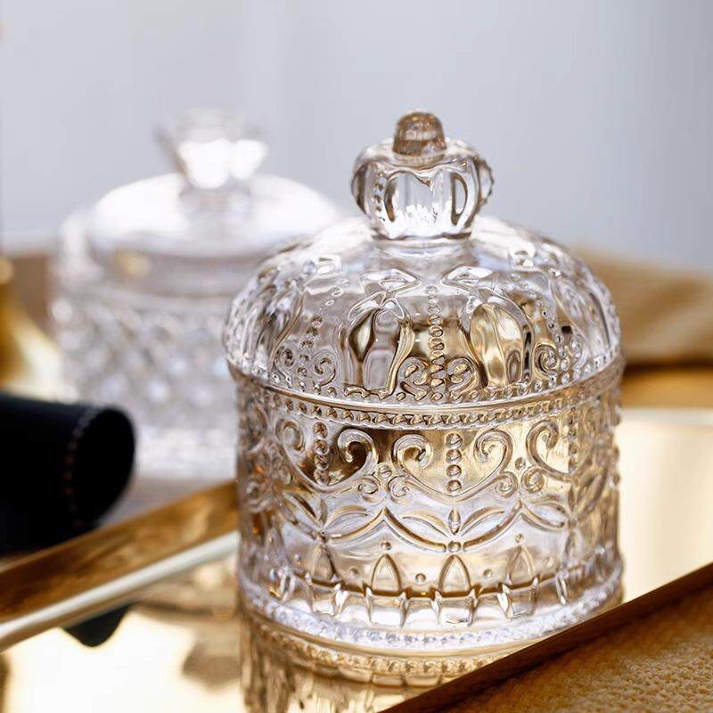 彩色玻璃罐糖果法式盖子4kzi浮雕复古水晶干果食品收纳糖缸