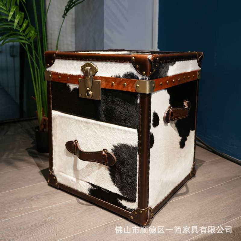 美式乡村天然黑白奶牛毛皮沙发边几复古角几棕白柜子美式复古风