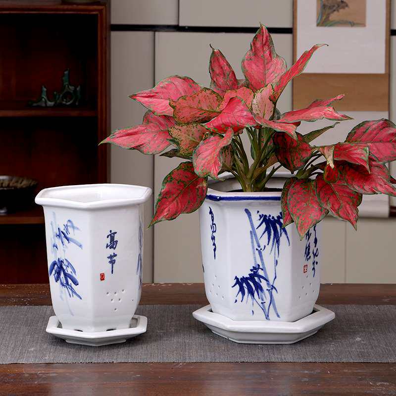 六方兰花盆手绘写意陶瓷吊兰精品悬崖客厅盆陶瓷吊兰绿萝多肉花盆