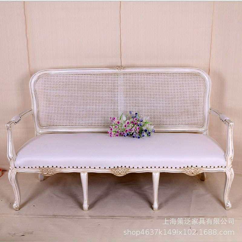 现货法式白色复古做旧实木双三人沙发美式欧式编藤影楼双人沙发椅