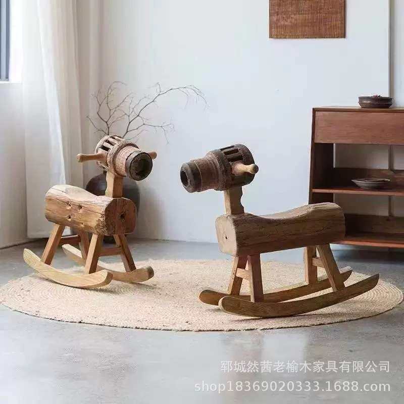 老榆木摇摇椅儿童小马摇椅木马凳多款实木餐椅阳台喝茶椅摄影道具