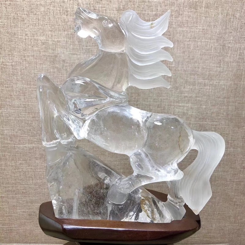 天然白水晶生肖马 原石水晶生肖马H白水晶雕刻马摆件晶体通透