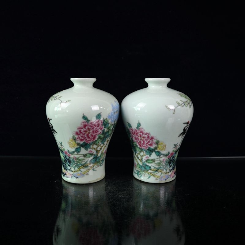 收藏古玩复古工艺品粉彩瓷器仙鹤J图纹梅瓶花瓶一对摆饰