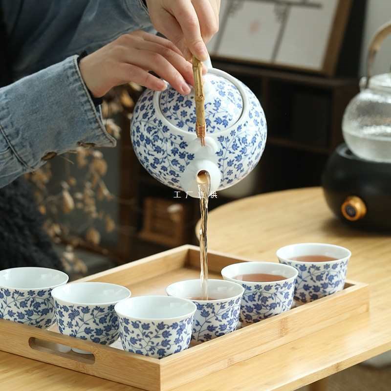 青花瓷提梁壶茶具套装大容量茶壶100H0ml带滤网泡茶壶整套茶杯