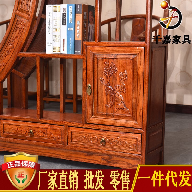 仿古双圈月洞门 中式实木博古架 南榆木置物架客厅隔W断古典展示