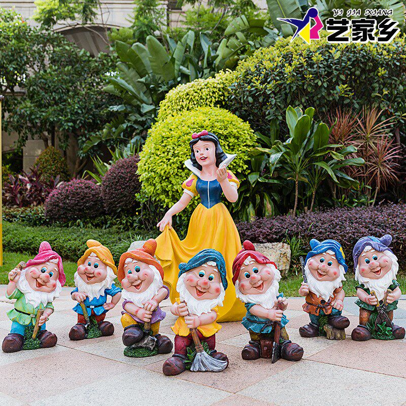 卡通玻璃钢d雕塑户外庭院商场幼儿园装饰白雪公主和七个小矮人摆