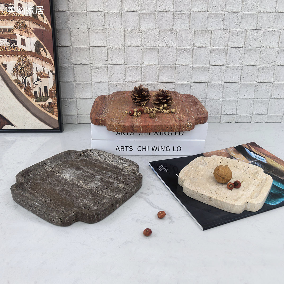 大理石托盘家居饰品摆件创意橱窗样板房直播间茶几工艺品复古摆设